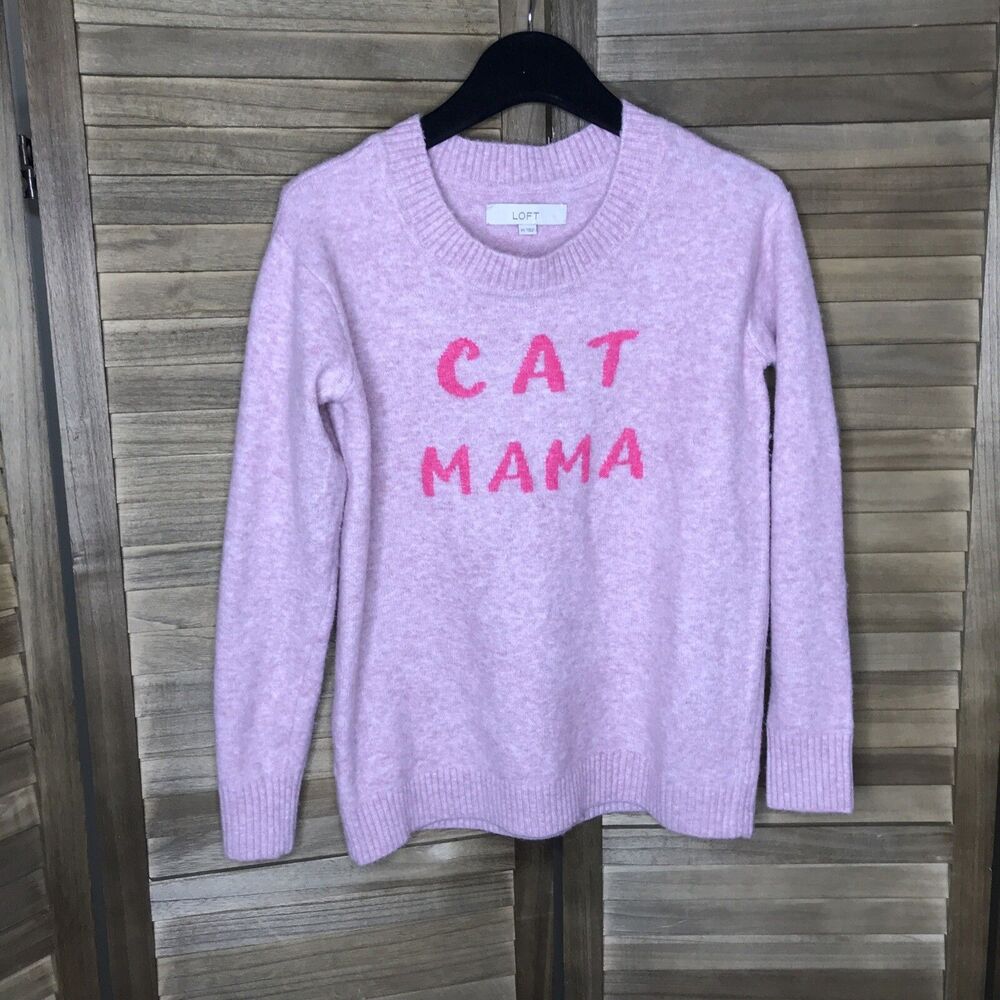 LOFT Womens Sweater XS Pink CAT MOMMA Lady Crewneck Wool  Soft Heather look